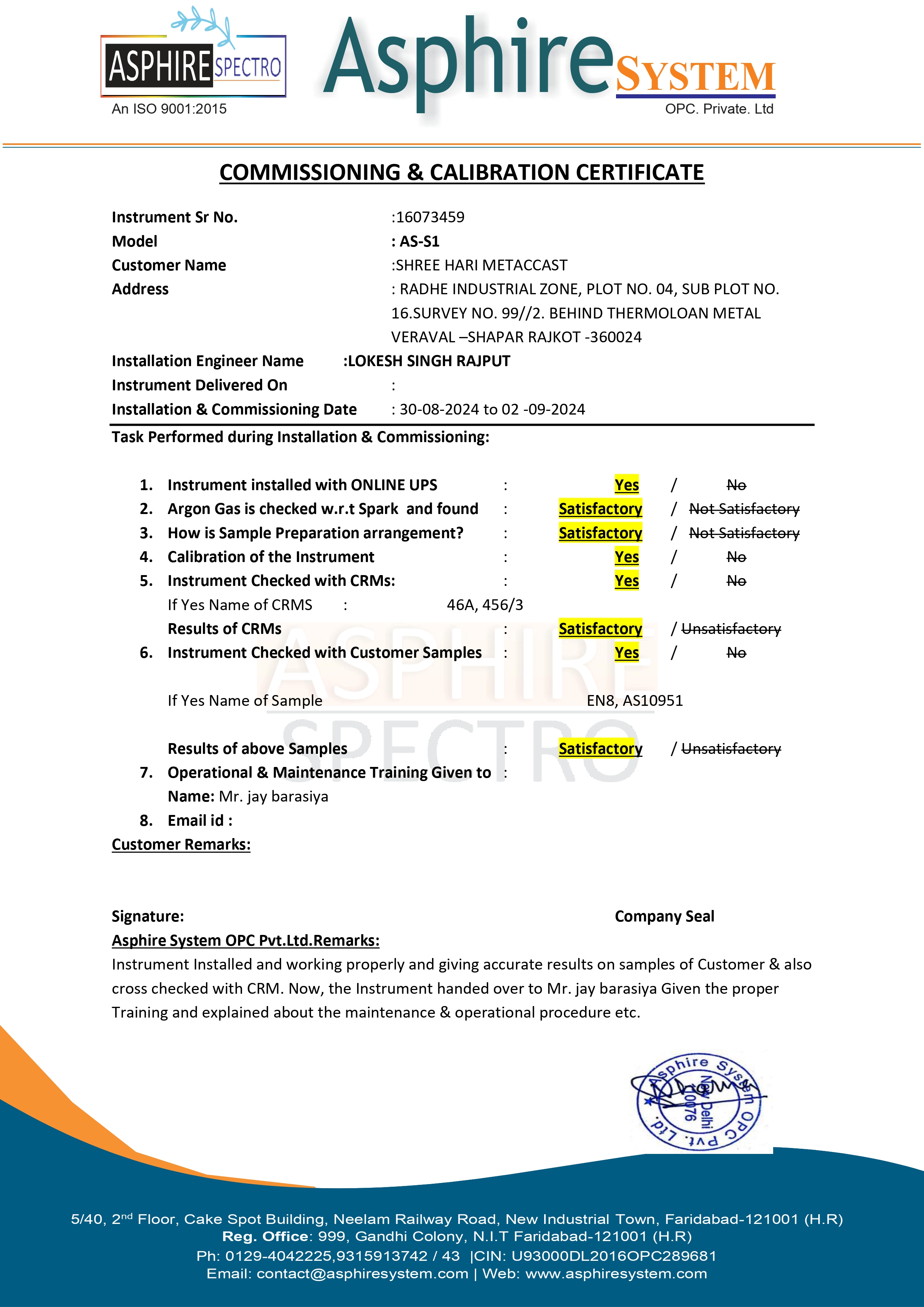 Installation Certificate